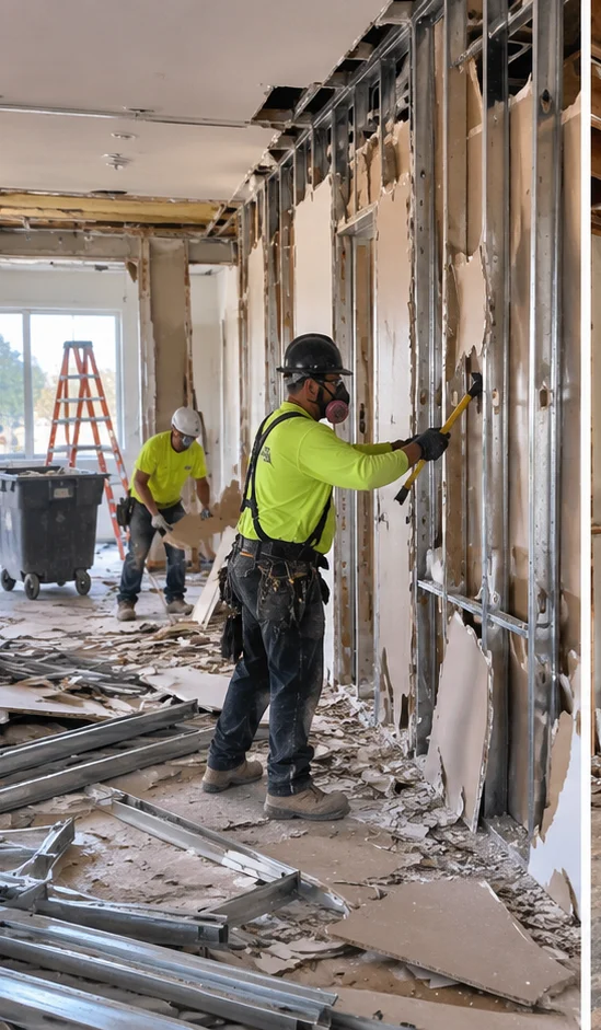 Illustration of workers removing interior drywall and partitions